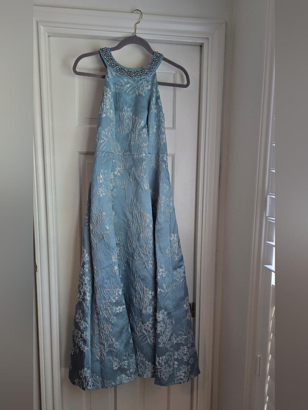 Women's Light Blue Embroidered Halter Dress with Beaded Neckline